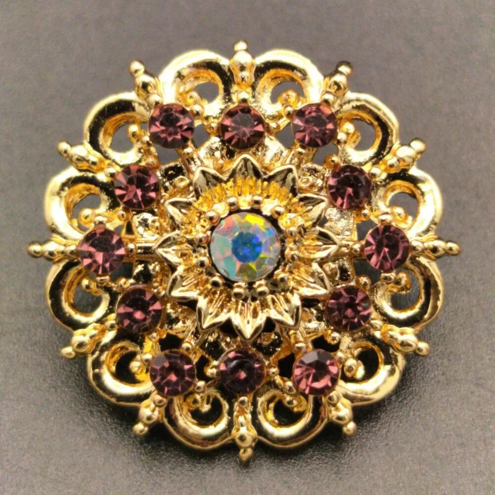 Vintage Style Gold Tone Amethyst Purple & AB Rhinestone Floral Brooch Pin